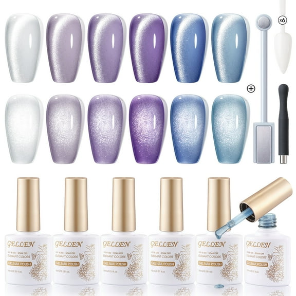 Gellen Cat Eye Gel Nail Polish Kit, 6 Colors Glitter Purple Cat Eye Gel Polish with Magnet, Soak Off UV/LED Nail Gel Kit, Salon Nail Art Valentine Gifts for Women