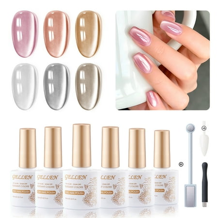 Gellen Cat Eye Gel Nail Polish Kit, 6 Colors Glossy Mirror Pink Cat Eye Gel Polish with Magnet, Soak Off UV/LED Nail Gel Kit, Salon Nail Art Valentine Gifts for Women