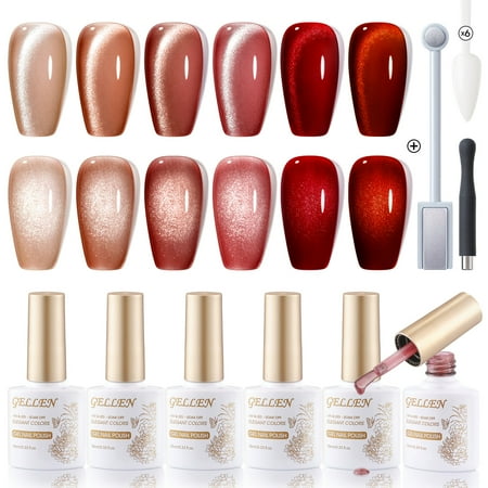 Gellen Cat Eye Gel Nail Polish Kit, 6 Colors Wine Red Cat Eye Gel Polish With Magnet