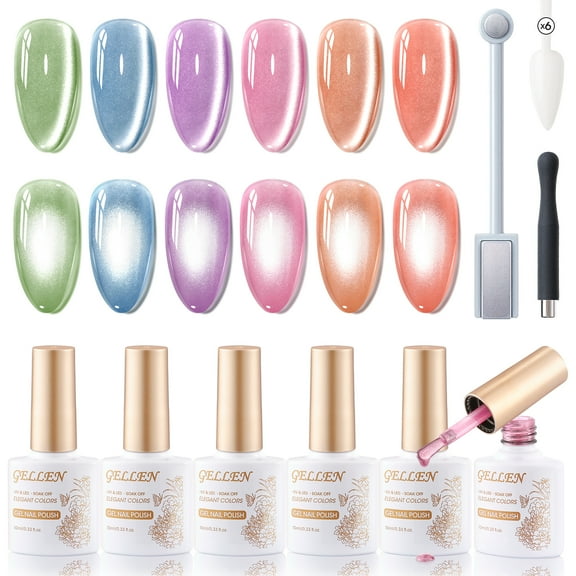 Gellen Cat Eye Gel Nail Polish Kit with Magnet, 6×10ml Glossy Mirror Effect Natural Glitter Gel Polish Set, Soak off Nail Gel At Home Salon Use