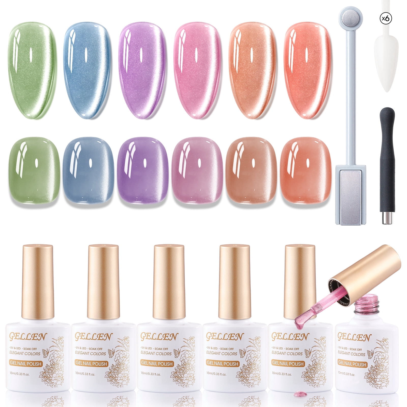 Gellen Cat Eye Gel Nail Polish Kit with Magnet, 6×10ml Glossy Mirror ...
