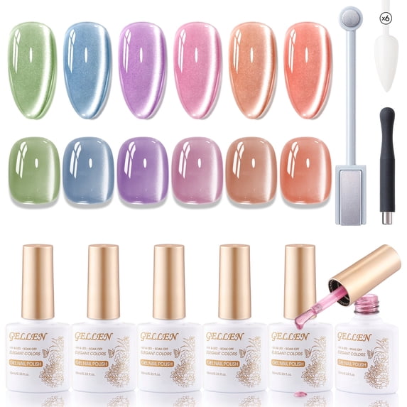 Gellen Cat Eye Gel Nail Polish Kit with Magnet, 6×10ml Glossy Mirror Effect Natural Glitter Gel Polish Set, Soak off Nail Gel At Home Salon Use