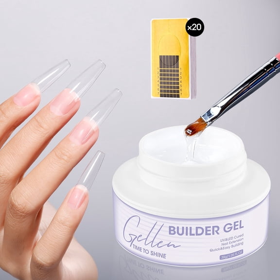 Gellen Clear Builder Gel for Nails, 30g Hard Gel Nail Extension Kit with Forms, Self Leveling UV LED Builder Gel for Nail Strengthening, Overlays, Apex & Long Lasting Nail Art