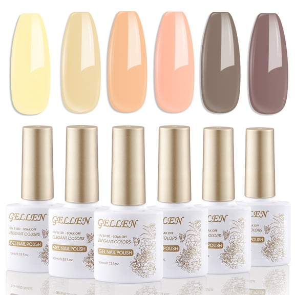 Gellen Cool Tone Gel Nail Polish, 6 Colors Brown Nude Pink Yellow Gel Polish Set, No Wipe Soak Off Glossy UV Gel for Women DIY Nail Art Salon Manicure, 10ml/0.33oz