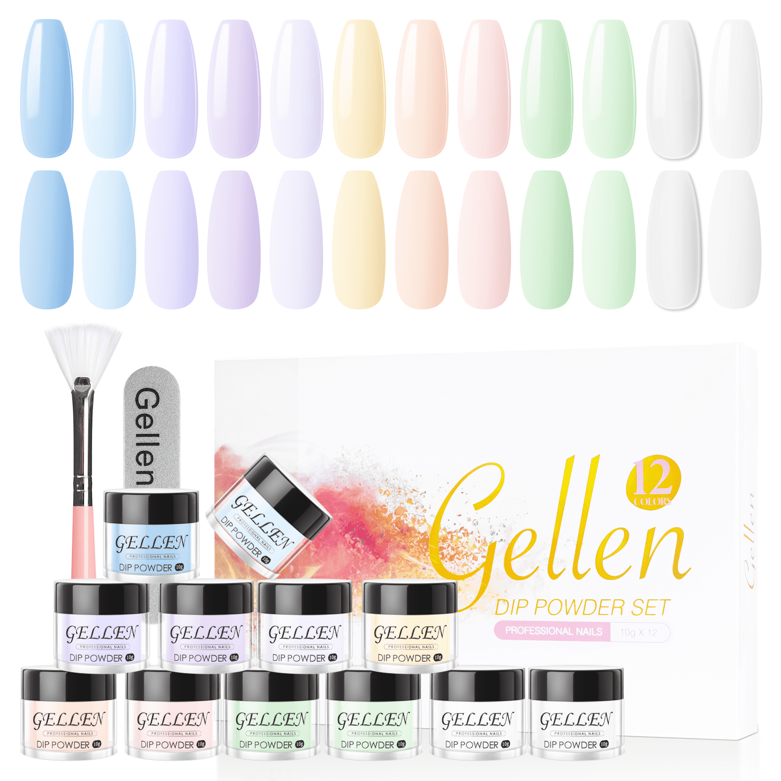 Gellen Dip Powder Nail Kit, 12 Colors Light Macaron Bule Green Yellow ...