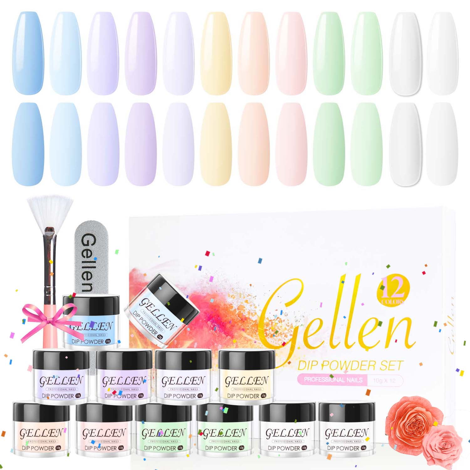 Gellen Dip Powder Nail Kit, 12 Colors Light Macaron Bule Green Yellow Dip Nail Powder Kit with Dust Brush and Nail File, Nail Art Pale Neon Series Dip Powder Set