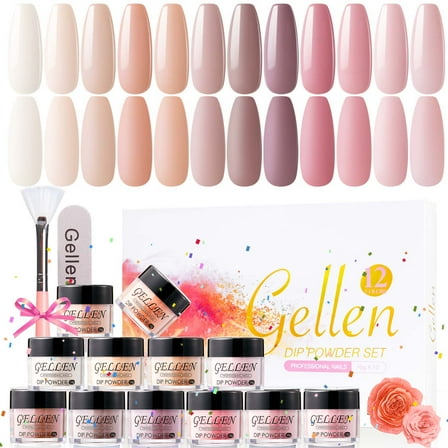 Gellen Dip Powder Nail Kit, 12 Colors Nudes Pink Brown Grey Dip Nail Powder Kit with Dust Brush and Nail File, Nail Art Fall Nudes Series Dip Powder Set