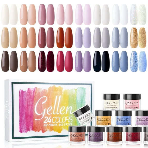 Gellen Dip Powder Nail Kit, 24 Colors Nude Pink Purple Blue Glitter Dip Nail Powder Kit, Nail Art All Season Series Dip Powder Set DIY Salon Home Gift for Women