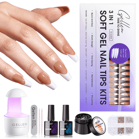 Gellen French Tips Gel Nail Kit - 240 Pcs Brown Medium Coffin, Salon Acrylic Fake Nail Kits Including Gel Top Coat and Base Coat, UV Lamp, Solid Nail Glue Gel, Nail Charms for French Tip Manicure