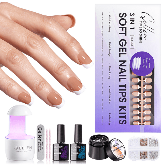 Gellen French Tips Gel Nail Kit - 240 Pcs Brown Short Square, Salon Acrylic Fake Nail Kits Including Gel Top Coat and Base Coat, UV Lamp, Solid Nail Glue Gel, Nail Charms for French Tip Manicure