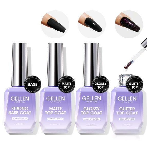 Gellen Gel Base and Top Coat Set, 4Pcs 18ML No Wipe Matte Glossy Glitter Gel Top Coat, Clear UV Base Coat Gel Nail Polish, Soak Off Nail Lamp Gel Base Top Coat Nail Art Home Manicure