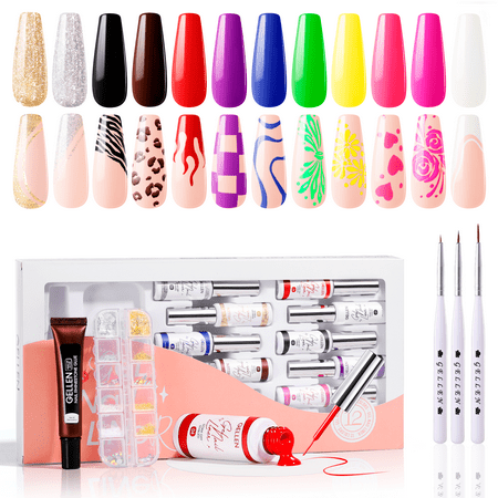 Gellen Gel Liner Nail Polish, 12 Colors Bright Jewelry Fashion Color Nail Art Gel Nail Polish Set, Gel Polish Soak Off UV Cure Gel Built Thin Nail Brush Valentine's Day Gifts for Women