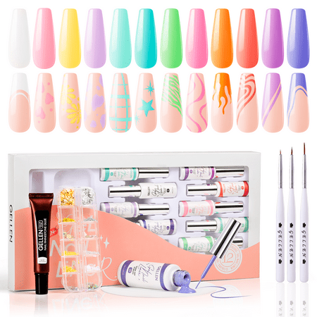 Gellen Gel Liner Nail Polish, 12 Colors Sweet Candy Girly Color Nail Art Gel Nail Polish Set, Gel Polish Soak Off UV Cure Gel Built Thin Nail Brush Valentine's Day Gifts for Women