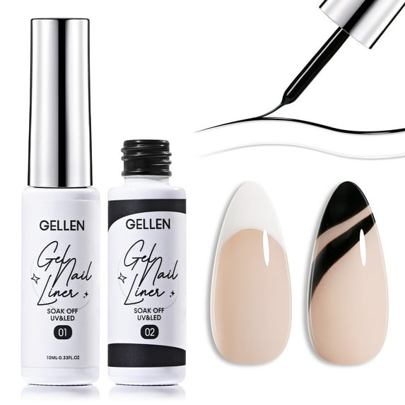 Gellen Gel Liner Nail Polish, 2 Colors Black White Nail Art Gel Nail Polish Set, Gel Polish Soak Off UV Cure Gel Built Thin Nail Brush Valentine's Day Gifts for Women