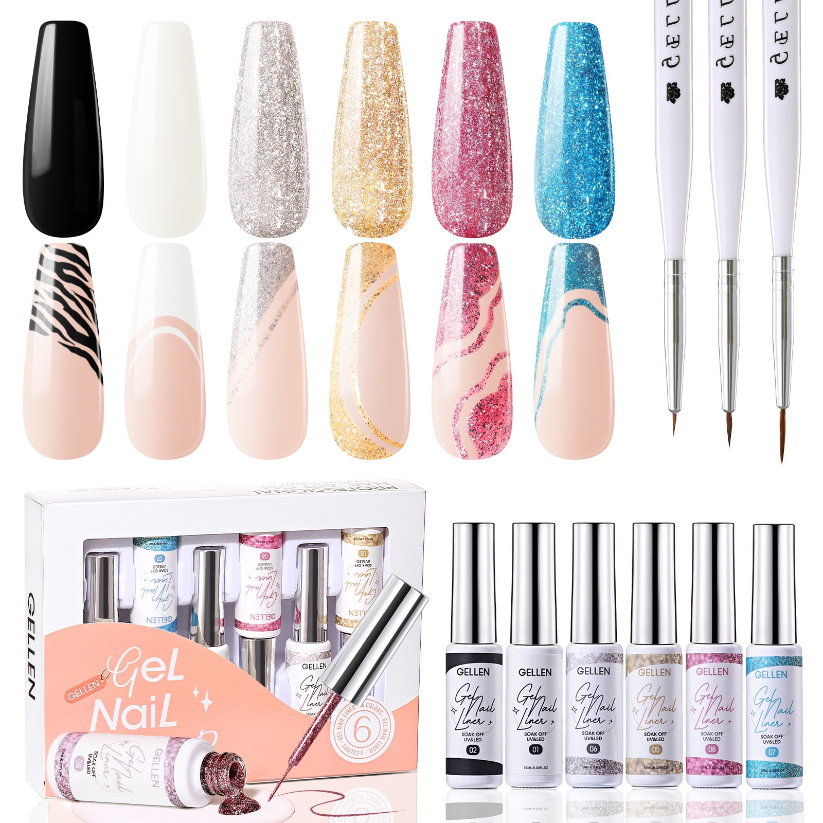 Gellen Gel Liner Nail Polish, 6 Colors Gold Sliver Pink Glitter Nail Art Gel Nail Polish Set, Gel Polish Soak Off UV Cure Gel Built Thin Nail Brush Valentine's Day Gifts for Women