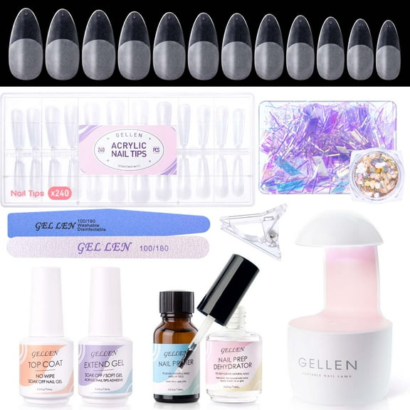 Gellen Gel Nail Kit, Nail Tips and Glue Gel Kit with Base & Top Coat & 5 In 1 Nail Glue Gel, 240Pcs Full Matte Almond Fake Nails Tips and UV Nail Lamp, Fast False Nails Extension Manicure Set