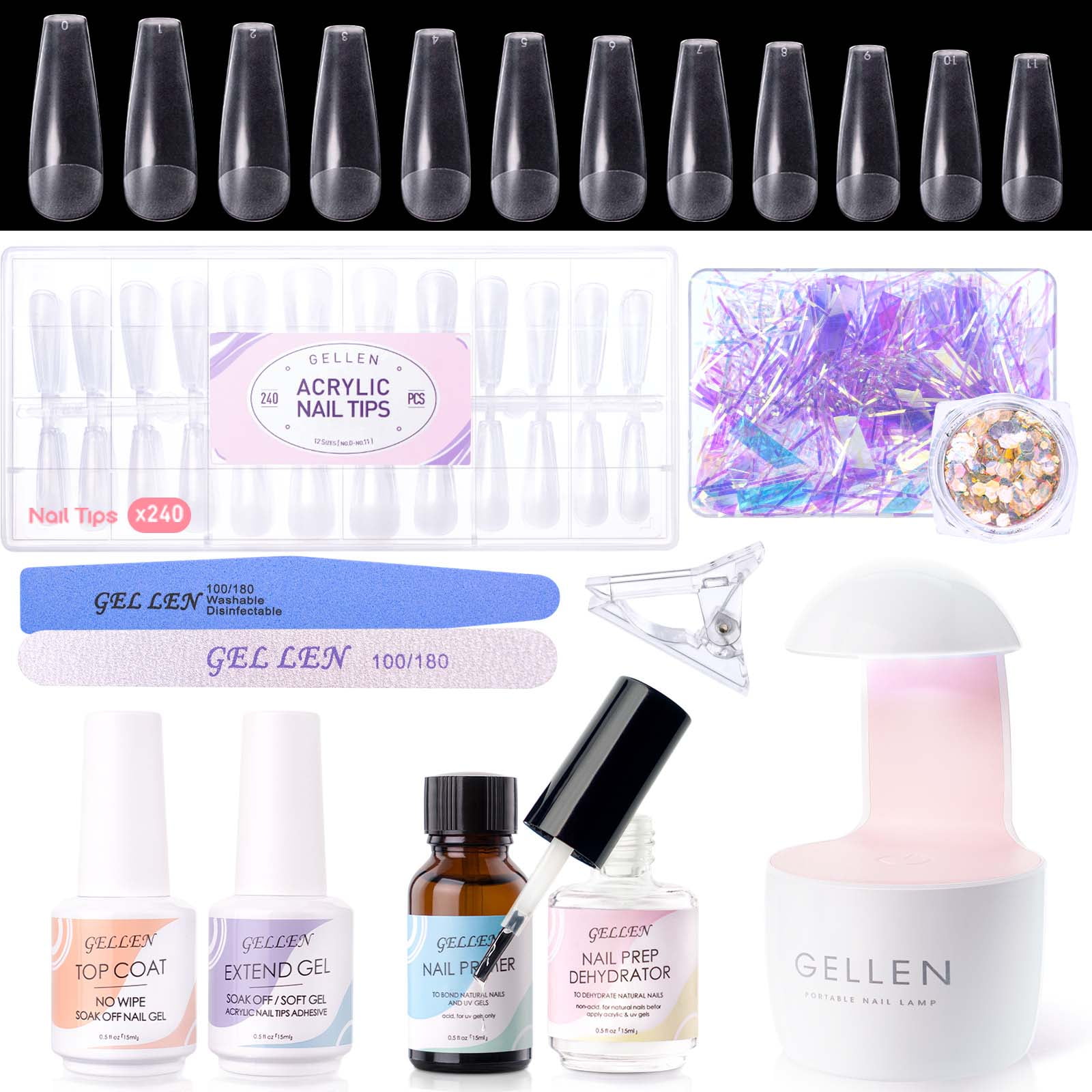 Complete Gellen Gel Nail Kit, DIY Extension Set with UV Lamp, 240Pcs Coffin Nails & Glue Top Coat
