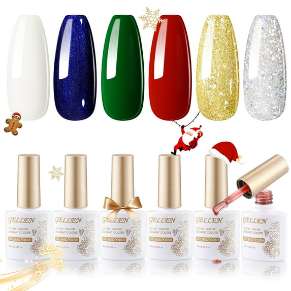 Gellen Gel Nail Polish Set, 6 Colors White Green Classic Red Glitter Gold Silver Dark Blue Gel Polish Set Nail Art Gifts for Women