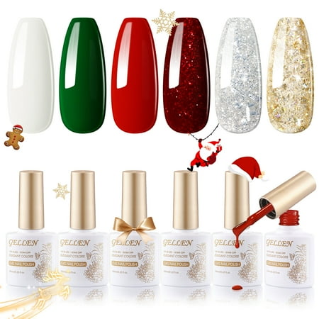 Gellen Gel Nail Polish Set, 6 Colors White Green Glitter Gold Silver Red Glitter Red Gel Polish Set Nail Art Gifts for Women