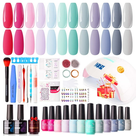 Gellen Gel Nail Polish Kit, 12 Colors Bright and Pastels Gel Polish Starter Kit - with 72W UV/LED Nail Lamp & Nail Base Coat & Glossy & Matte Top Coat Salon Manicure Set