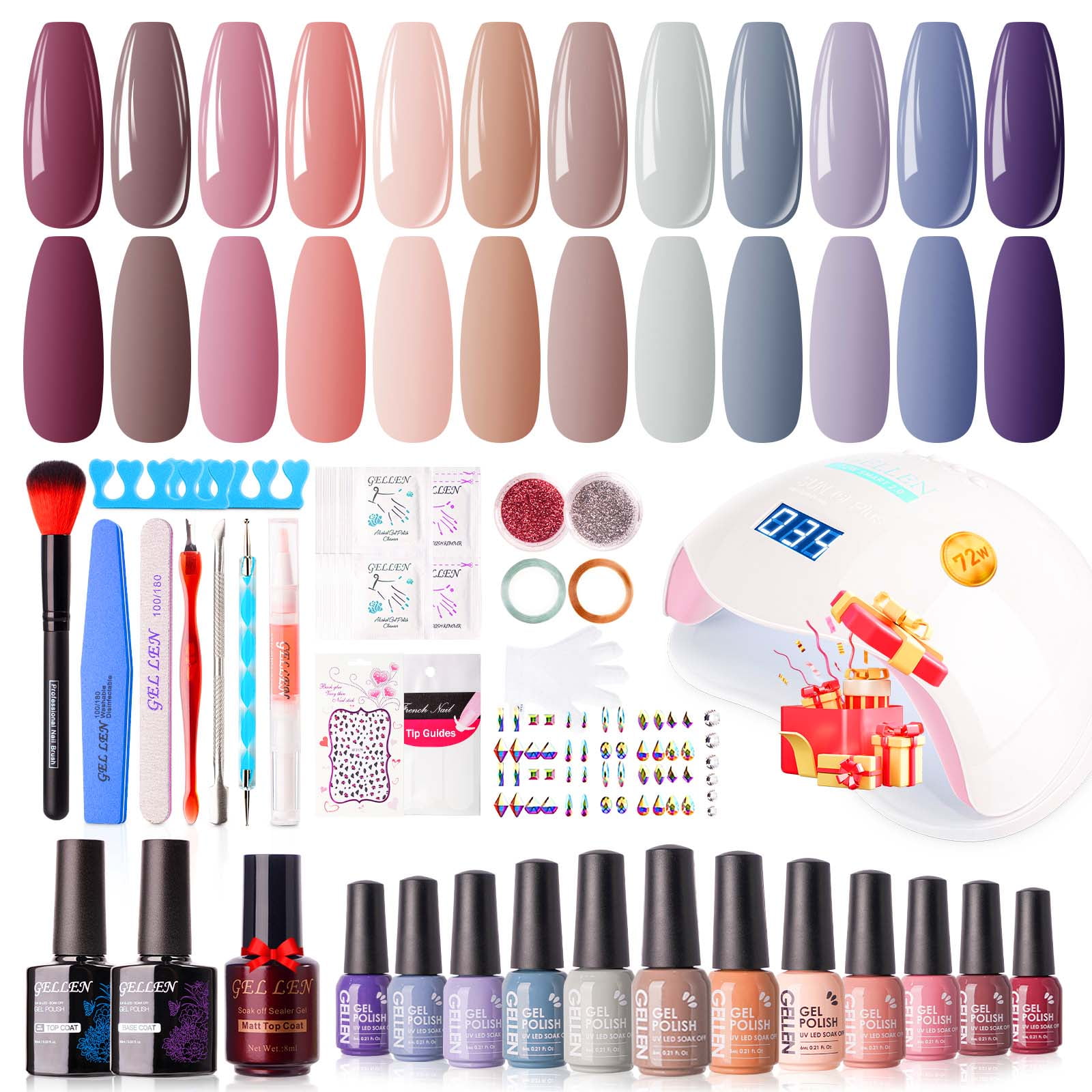 Gellen Gel Nail Polish Kit, 12 Colors Classic Nudes Gel Polish Starter Kit - with 72W UV/LED Nail Lamp & Nail Base Coat & Glossy & Matte Top Coat Salon Manicure Set