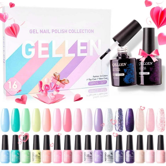 Gellen Gel Nail Polish Kit, 16 Colors Gel Polish Bright Candy Tones Spring Summer Soak off Nail Gel Polish Set with Top and Base Coat, UV Nail Gel DIY Salon Nail Art Valentine Gift for Women
