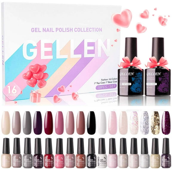 Gellen Gel Nail Polish Kit, 16 Colors Gel Polish Classic Wine Purple Soak off Nail Gel Polish Set with Top and Base Coat, UV Nail Gel DIY Salon Nail Art Valentine Gift for Women