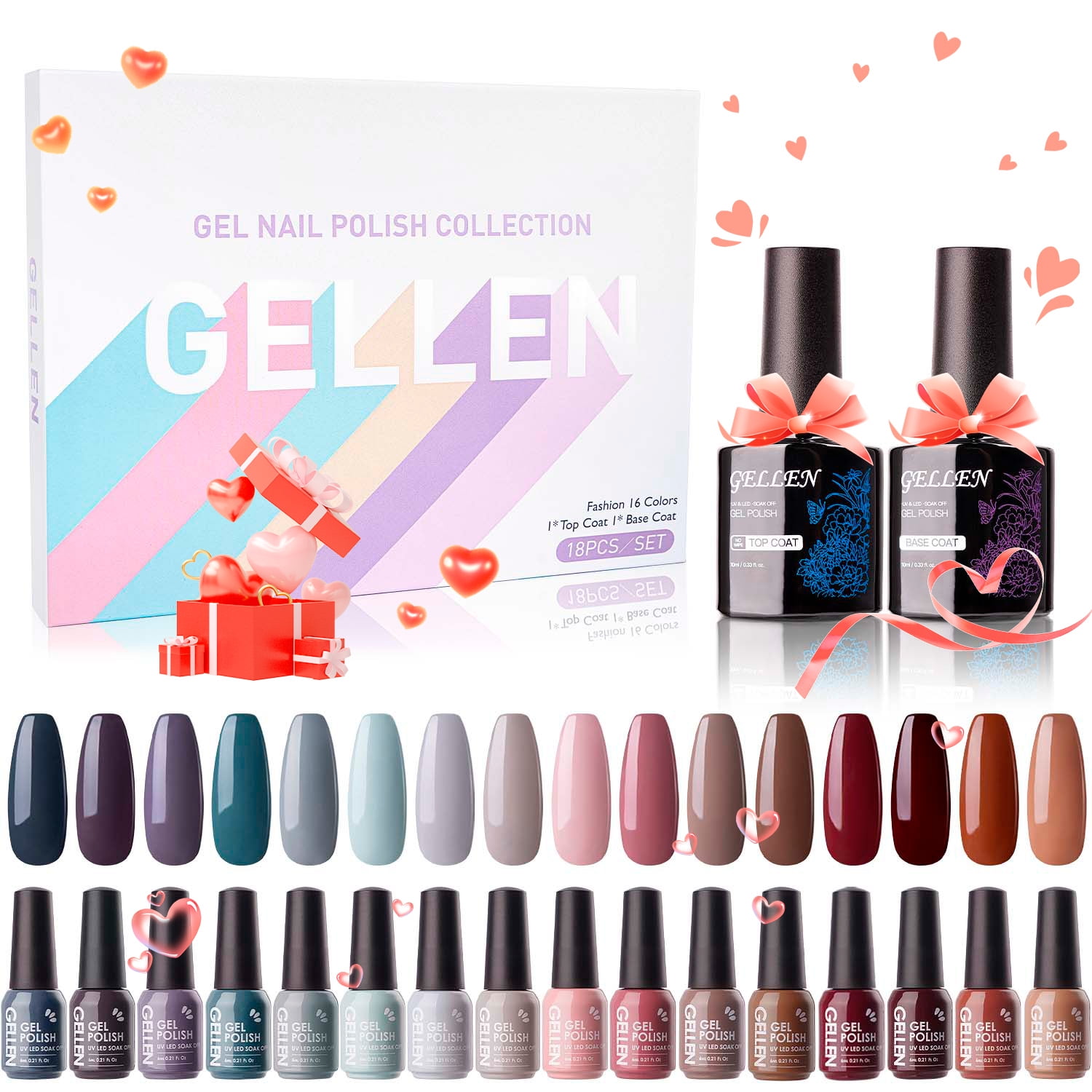 Gellen UV Gel Nail Polish Kit, 16 Colors with Top 