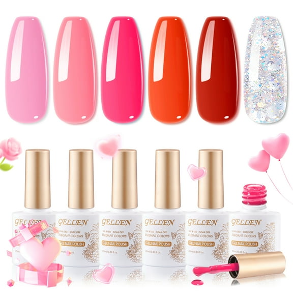 Gellen Gel Nail Polish Kit, 6 Colors Baby Pink Burgundy Rose Red Glitter Silver Gel Polish, Soak Off Nail Gel Manicure Set, Valentine Gift for Women DIY Nail Art
