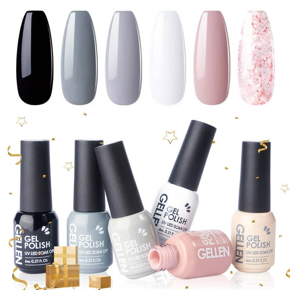 Gellen Gel Nail Polish Kit, 6 Colors Black White Grey Glitter Pink UV Gel Polish Set, Soak Off Nail Polish Set for Home DIY Manicure, Gifts for Girls