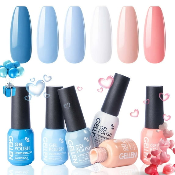 Gellen Gel Nail Polish Kit, 6 Colors Blue Pink Peach UV Gel Polish Kit, Spring Summer Soak Off Nail Polish Set for Home DIY Manicure, Gifts for Girls