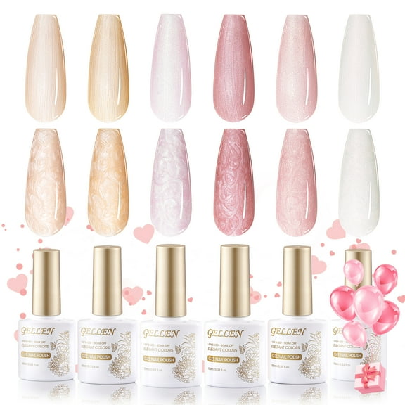 Gellen Gel Nail Polish Kit, 6 Colors Elegant Pink Rose Red White Nude Pearl Gel Polish, Soak Off Thread Effect Shell Nail Gel Manicure Set, Valentine Gift for Women DIY Nail Art