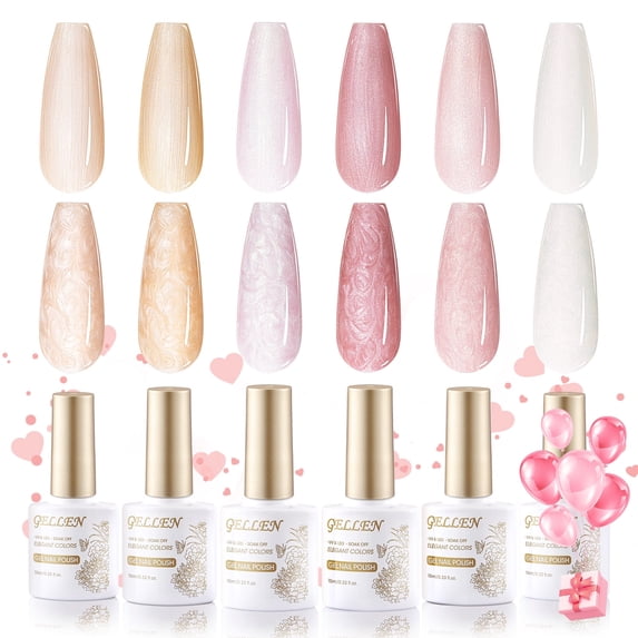 Gellen Gel Nail Polish Kit, 6 Colors Elegant Pink Rose Red White Nude Pearl Gel Polish, Soak Off Thread Effect Shell Nail Gel Manicure Set, Valentine Gift for Women DIY Nail Art