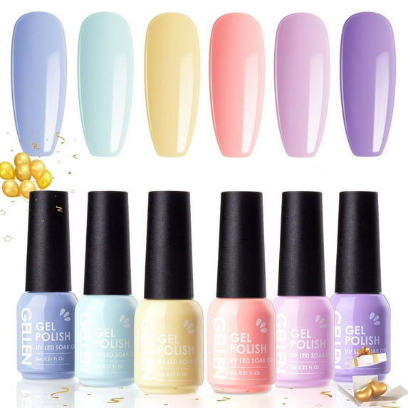 Gellen Gel Nail Polish Kit, 6 Colors Glossy Blue Yellow Purple UV Gel Polish Kit, Soak Off Nail Polish Set for Home DIY Manicure, Gifts for Girls