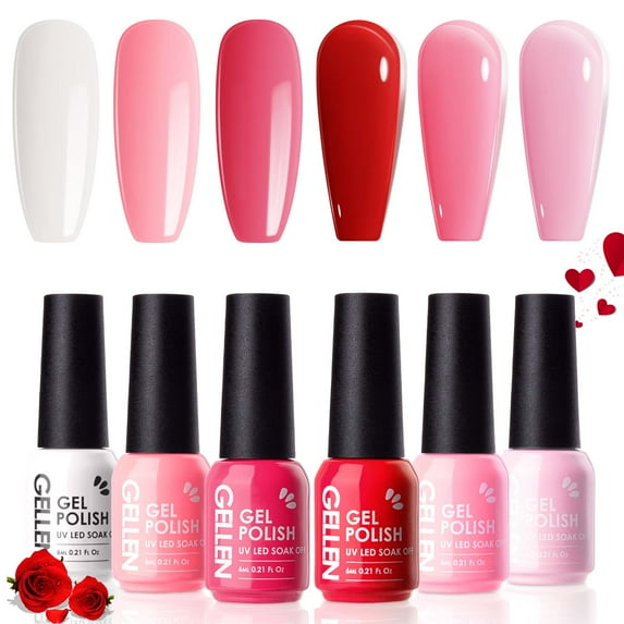 Gellen Gel Nail Polish Kit, 6 Colors Glossy White Pink Red UV Gel Polish Set, Soak Off Nail Polish Set for Home DIY Manicure, Gifts for Women