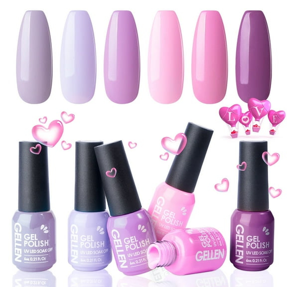 Gellen Gel Nail Polish Kit, 6 Colors Lavenders Series with Violet Lilac Rose Pink UV Gel Polish Set, Soak Off Nail Polish Set for Home DIY Nail Art, Gifts for Women