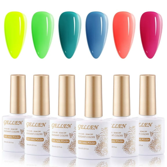 Gellen Gel Nail Polish Kit, 6 Colors Rainbow Neon Gel Polish Set, Yellow Green Orange Soak Off LED Lamp Cure Nail Polish Set, Nail Art DIY Manicure Gift for Girls