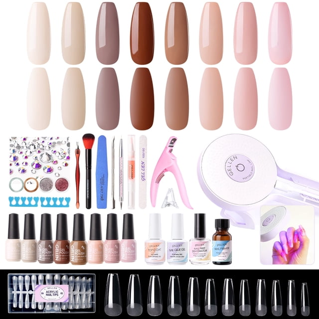 Gellen Gel Nail Polish Kit, 8 Nudes Pink Brown Colors Gel Polish Set With 36W UV Light Nail Dryer, 504Pcs Coffin Fake Nails Tips Glue Gel Nail Prep Kit, Gel Top and Base Coat, Manicure Tools