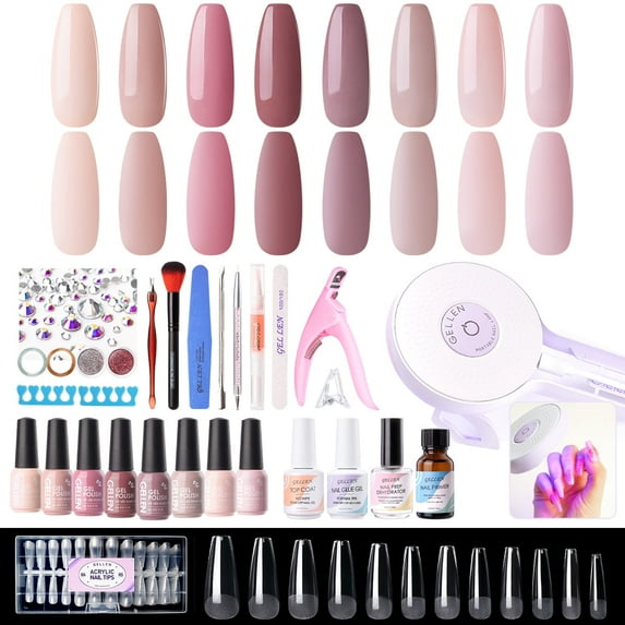Gellen Gel Nail Polish Kit, 8 Nudes Pink Peach Colors Gel Polish Set With 36W UV Light Nail Dryer, 504Pcs Coffin Fake Nails Tips Glue Gel Nail Prep Kit, Gel Top and Base Coat, Manicure Tools