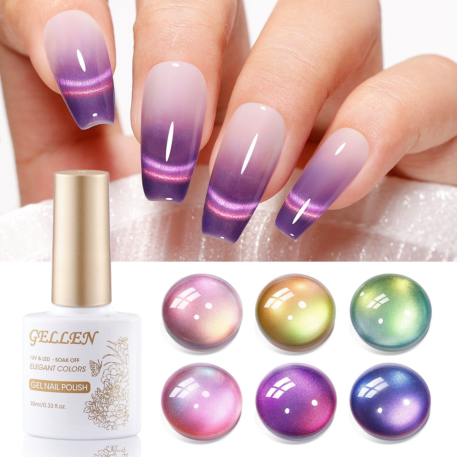 Gellen Cat Eye Gel Nail Polish, 6×10ML Dual Colour Holographic Galaxy Gel Polish Kit with Magnet, Soak Off Glitter Purple Blue Pink Green Yellow UV Nail Gel for Salon Nail Art