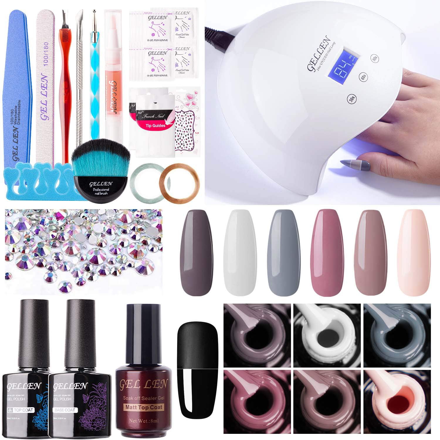 Gellen Gel Nail Polish Kit with UV Light, 6 Nudes Grey Colors Gel