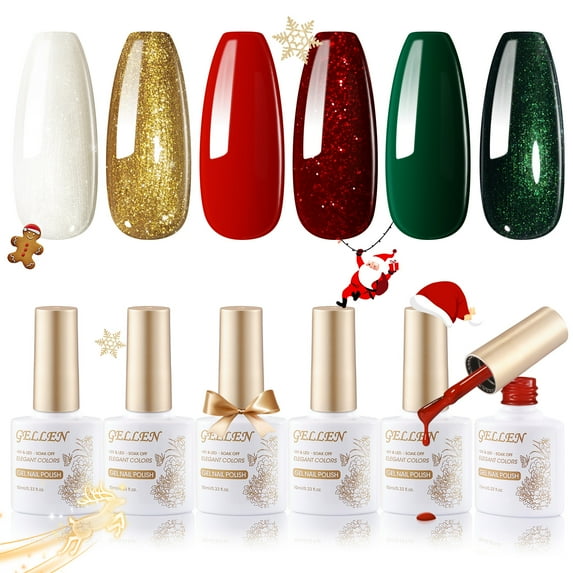 Gellen Gel Nail Polish Set, 6 Colors Sparkle Green Glitter Red Silver Gold Red and Emerald Green Gel Polish Set Nail Art Gifts for Women