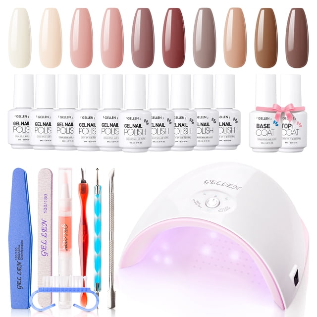 Gellen Gel Nail Polish Starter Kit with UV Lamp, 10 Colors Chocolate Nude Color Gel Polish with 36W Nail Lamp Top & Base Coat Nail Tools Manicure Set, All-In-One Gel Nail Polish Kit