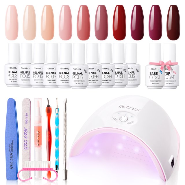 Gellen Gel Nail Polish Starter Kit with UV Lamp, 10 Colors Plum Wine Color Gel Polish with 36W Nail Lamp Top & Base Coat Nail Tools Manicure Set, All-In-One Gel Nail Polish Kit