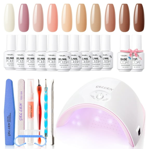 Gellen Gel Nail Polish Starter Kit with UV Lamp, 10 Colors White Brown Color Gel Polish with 36W Nail Lamp Top & Base Coat Nail Tools Manicure Set, All-In-One Gel Nail Polish Kit