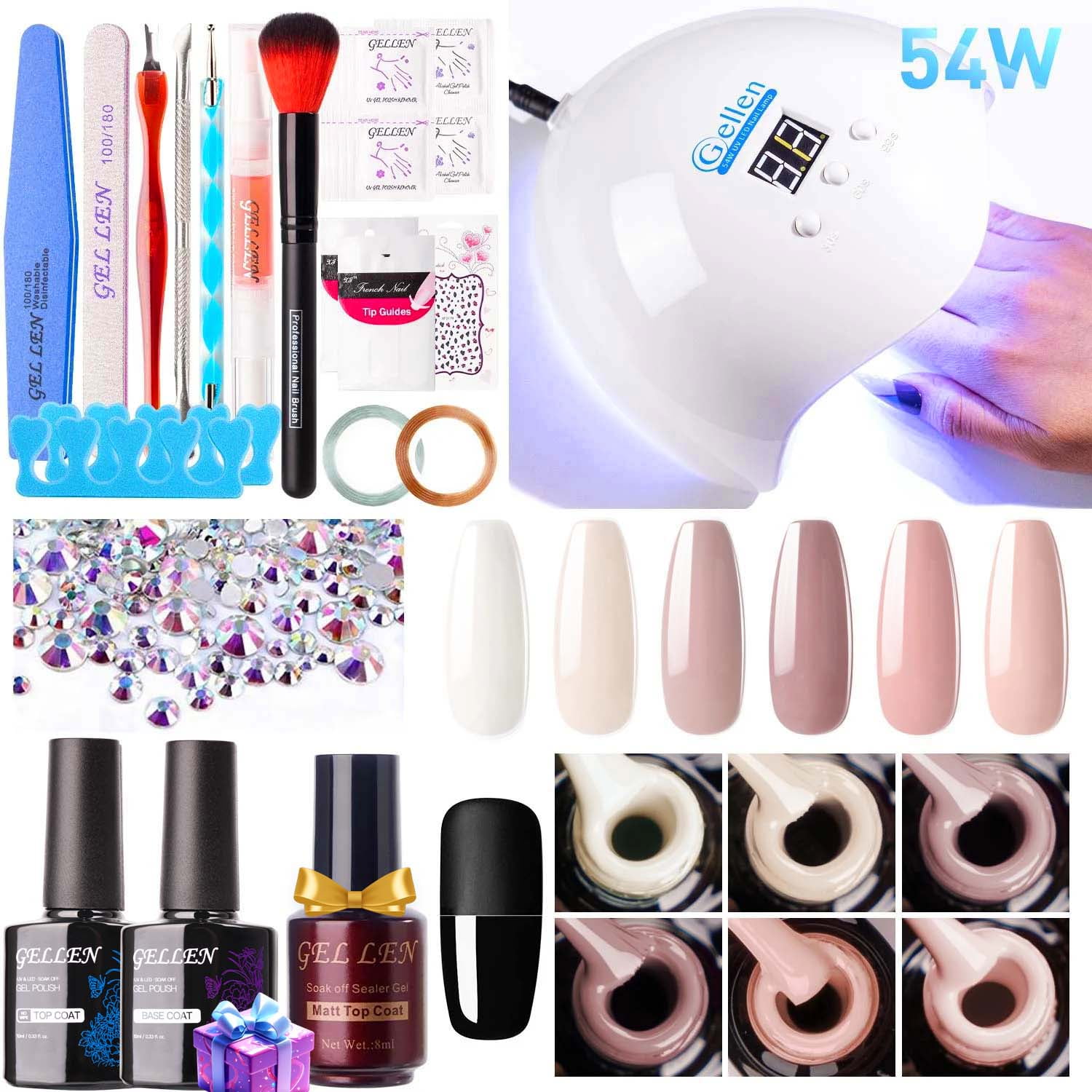 Gellen Gel Nail Polish Starter Kit with 54W UV Light, 6 Colors Blush Pink Tone Gel Polish with Base and Top Coat, Soak Off Gel Polish Kit with UV Nail Lamp, Gel Nail Polish Kit Gift for Women