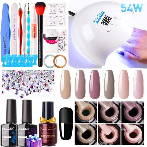 Gellen Gel Nail Polish Starter Kit with 54W UV Light, 6 Colors Classic Nudes Gel Polish with Base and Top Coat, Soak Off Gel Polish Kit with UV Nail Lamp, Gel Nail Polish Kit Gift for Women