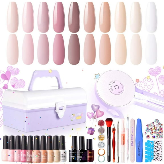 Gellen Gel Nail Polish Starter Kit with UV Lamp, 10 Colors Nudes Pink Peach Gel Polish with 36W Nail Lamp Top & Base Coat Nail Tools Manicure Set & Storage Box, All-In-One Gel Nail Polish Kit