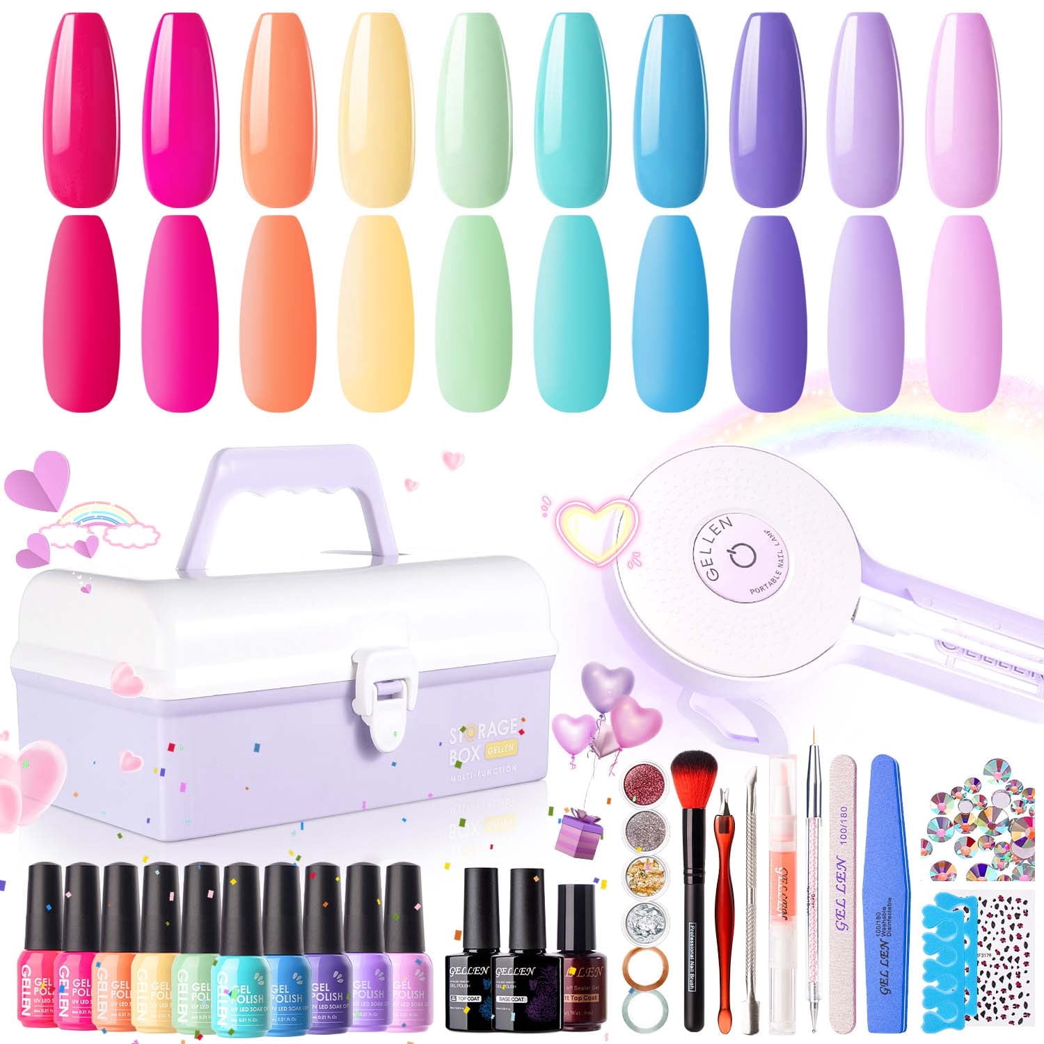 Gellen Gel Nail Polish Starter Kit with UV Lamp, 10 Colors Vibrant Rainbow Gel Polish with 36W Nail Lamp Top & Base Coat Nail Tools Manicure Set & Storage Box, All-In-One Gel Nail Polish Kit