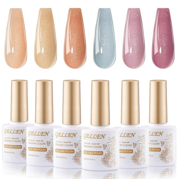 Gellen Glitter Gel Nail Polish Kit, 6 Classics Sparkle Neutral Colors Gel Polish Set, Soak Off Nail Lamp Cure Nail Polish Set, Nail Art DIY Salon at Home Gift for Girls